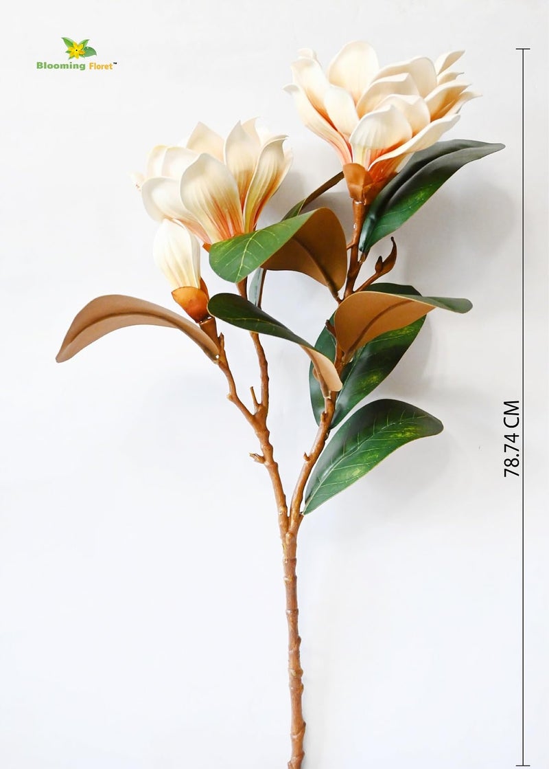 Blooming Floret Realistic Artificial Magnolia Flower Stems – Decorative Faux Flowers with Lifelike Petals and Green Leaves for Home Decor, Wedding Arrangements, and Centerpieces (Cream) - Image 3