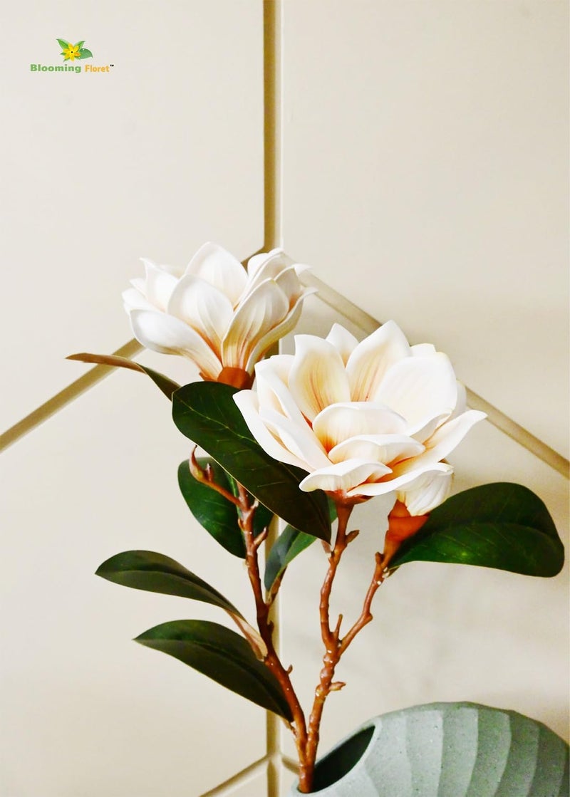 Blooming Floret Realistic Artificial Magnolia Flower Stems – Decorative Faux Flowers with Lifelike Petals and Green Leaves for Home Decor, Wedding Arrangements, and Centerpieces (Cream) - Image 5