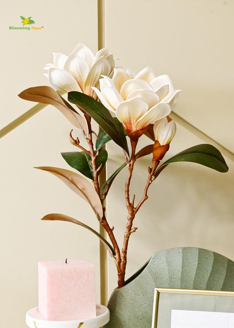 Blooming Floret Realistic Artificial Magnolia Flower Stems – Decorative Faux Flowers with Lifelike Petals and Green Leaves for Home Decor, Wedding Arrangements, and Centerpieces (Cream) - Image 1