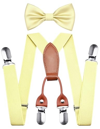 Branduce Light Yellow Baby Boy Bow tie and Suspender Set with 4 Strong Clips Adjustable Kids Y Back Suspenders (SS02-66) - Image 1