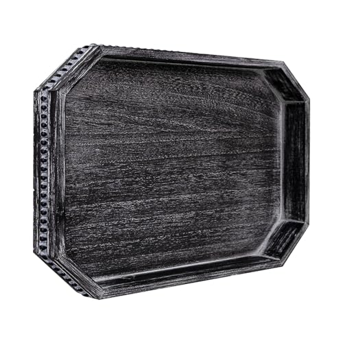 CedarLux Decorative Coffee Table Serving Tray Long Octagonal Black Wood Tray with Wooden Bead Farmhouse Big for Ottoman Table Countertop Home Decor 165x13x16 Retro Black - Image 1