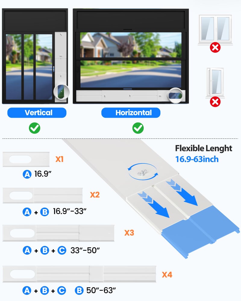 Toutgood Portable Air Conditioner Window Vent Kit with 82" Length, 5.9" Diameter Exhaust Hose, 13Pcs Universal PVC AC Window Slide Seal with 4 Panel(17" to 63") for Horizontal&Vertical - Image 5
