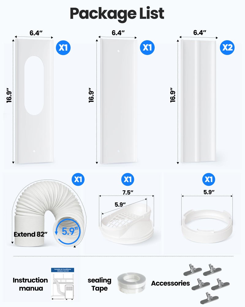 Toutgood Portable Air Conditioner Window Vent Kit with 82" Length, 5.9" Diameter Exhaust Hose, 13Pcs Universal PVC AC Window Slide Seal with 4 Panel(17" to 63") for Horizontal&Vertical - Image 2