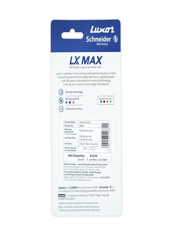 Luxor Schneider LX Max Needle Tip Pen for Students and Office Use | Pack of 2 Blue + 1 Black + 1 Refill | Comfortable Grip, Ideal for Daily Writing - Image 4