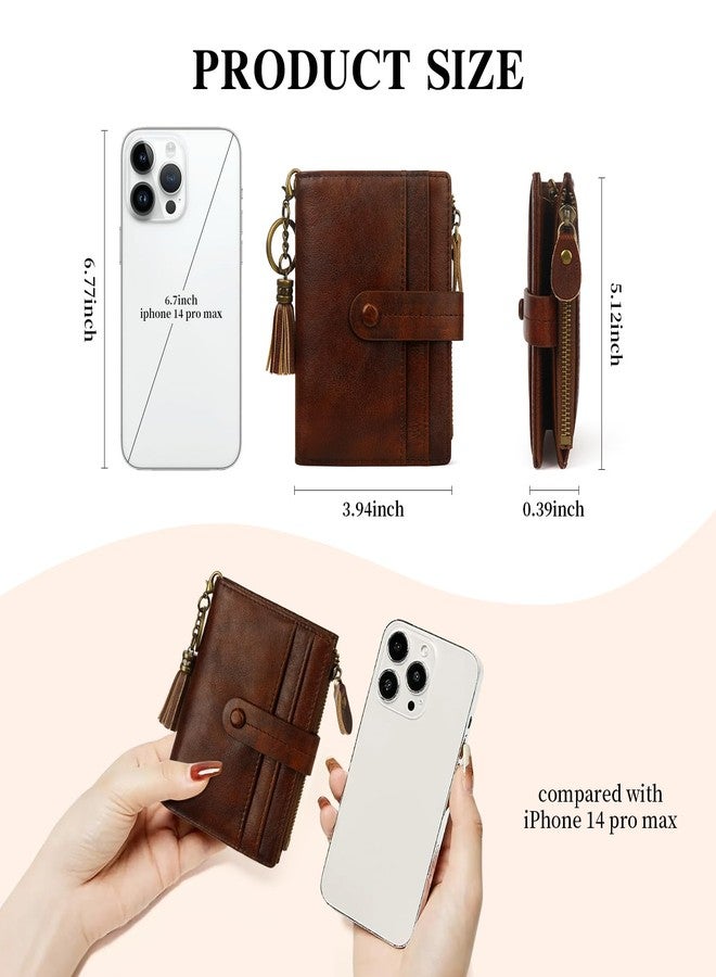 Blucoay Wallet Women,Leather RFID Small Wallet For Women Bifold Tassel Keychain Wallet Card Holder With Zip Coin Pocket, a2-darkbrown, Retro - Image 4