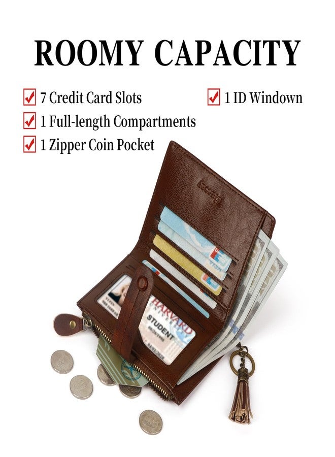 Blucoay Wallet Women,Leather RFID Small Wallet For Women Bifold Tassel Keychain Wallet Card Holder With Zip Coin Pocket, a2-darkbrown, Retro - Image 3