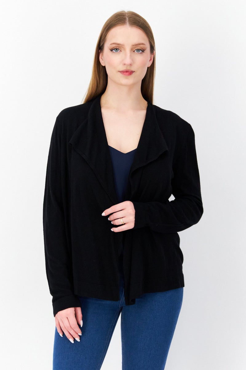Zero Women Split Neck Long Sleeve Textured Cardigan, Black - Image 1