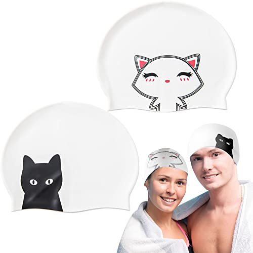 CANIPHA 2 Pcs Silicone Swim Caps for Women Swimming Caps with Cartoon Pattern for Long Short Hair Men Adults Kids Teens Youths,Waterproof Non-Slip Comfy Bathing Cap Swim Hat to Keep Hair Dry(2 Styles) - Image 1