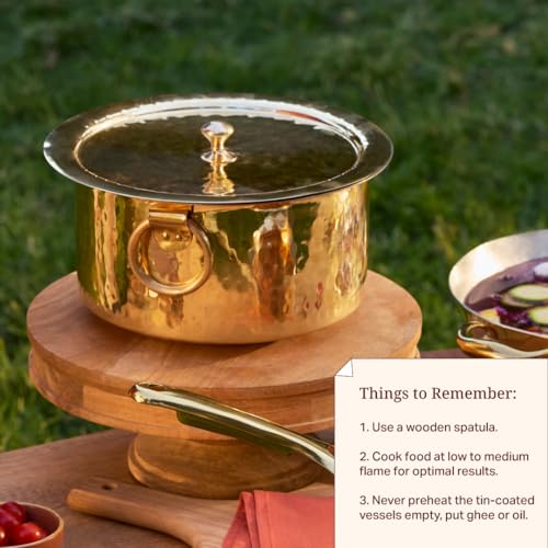 P-TAL P•TAL Brass Patila for Cooking | 100% Pure Brass Round Heavy Bottom | Tapeli/Patila/Bhagona | Golden Brass Handi (1 Liter), Hammered, Polished Cooking Pot - Image 4