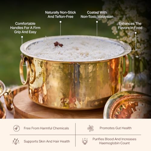 P-TAL P•TAL Brass Patila for Cooking | 100% Pure Brass Round Heavy Bottom | Tapeli/Patila/Bhagona | Golden Brass Handi (1 Liter), Hammered, Polished Cooking Pot - Image 3