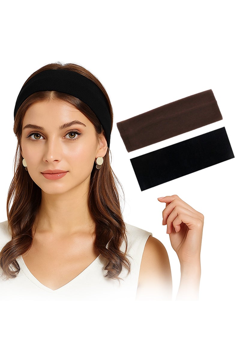 عصابات رأس للنساء والرجال، عبوة من قطعتين من عصابات الرأس الأنيقة باللونين البني والأسود لشعر النساء، عصابات شعر ناعمة قابلة للتمدد من القماش للمكياج واليوغا والجري والرياضة - Image 1