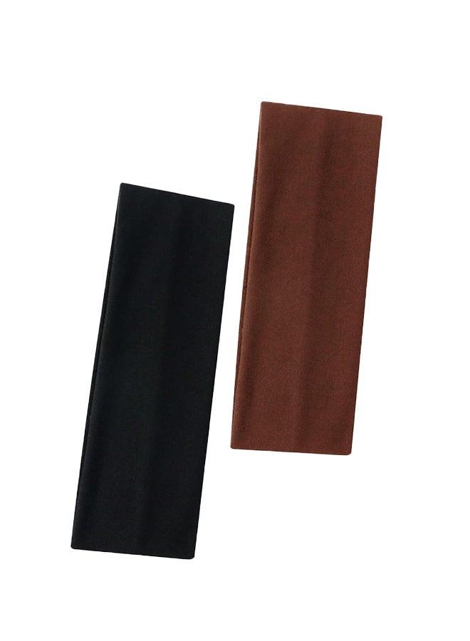 عصابات رأس للنساء والرجال، عبوة من قطعتين من عصابات الرأس الأنيقة باللونين البني والأسود لشعر النساء، عصابات شعر ناعمة قابلة للتمدد من القماش للمكياج واليوغا والجري والرياضة - Image 2