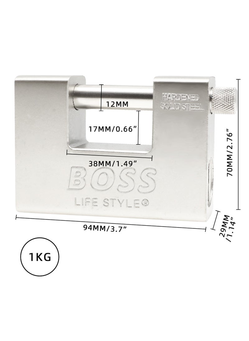 Boss Lifestyle Heavy Duty 1kg Padlock with 5 Keys - Hardened Solid Steel Hardware Monoblock Lock - 12mm Thick Shackle - Protect Garages, Containers, Sheds, Shutters, Lockers, Gates and Warehouses
