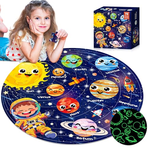 ZIZZ Puzzle for Kids Ages 46 Glow in The Dark Solar System Jigsaw Puzzles 70 Piece Space Planets Large Floor Puzzle for Kids 310 Years Old Educational Toy Gift for Boys Girls Birthday Christmas - Image 1