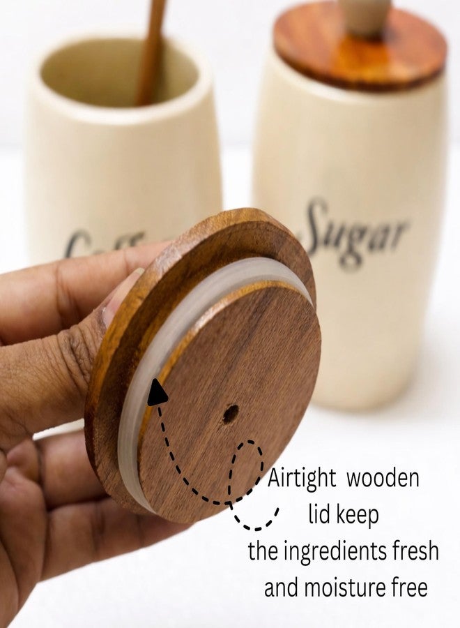 Decor Doers Ceramic Tea & Sugar Canister Set (Set of 2, 400g Each), Airtight Kitchen Storage Jars with Wooden Spoons, White Cylindrical Containers, Moisture-Proof, Modern Kitchen (Tea Sugar) - Image 3