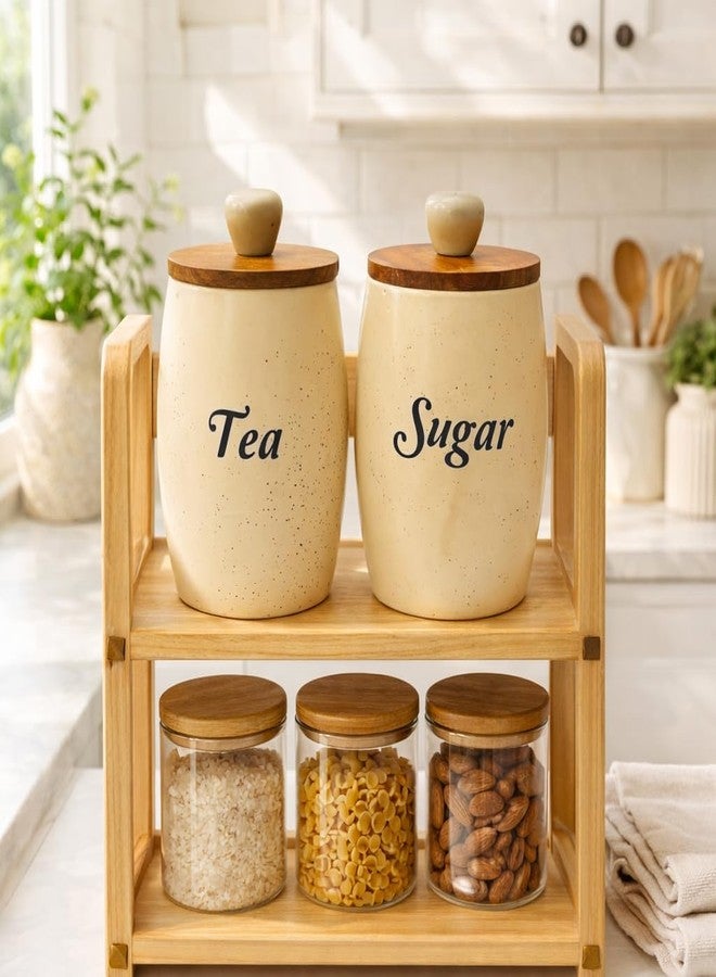 Decor Doers Ceramic Tea & Sugar Canister Set (Set of 2, 400g Each), Airtight Kitchen Storage Jars with Wooden Spoons, White Cylindrical Containers, Moisture-Proof, Modern Kitchen (Tea Sugar) - Image 2