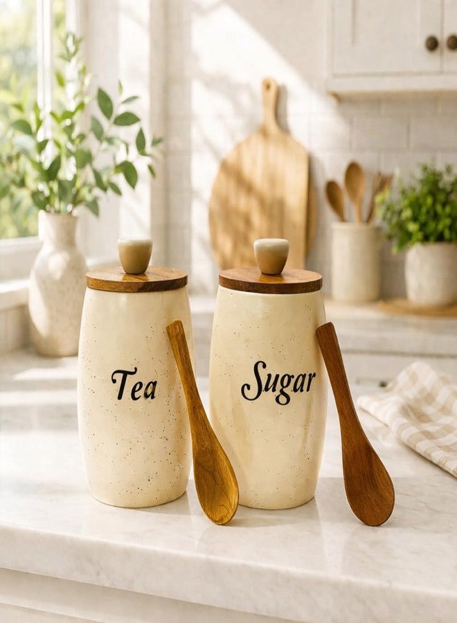 Decor Doers Ceramic Tea & Sugar Canister Set (Set of 2, 400g Each), Airtight Kitchen Storage Jars with Wooden Spoons, White Cylindrical Containers, Moisture-Proof, Modern Kitchen (Tea Sugar) - Image 1