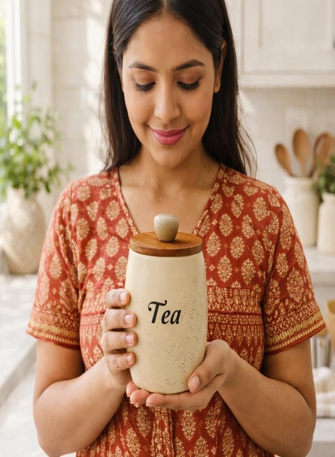 Decor Doers Ceramic Tea & Sugar Canister Set (Set of 2, 400g Each), Airtight Kitchen Storage Jars with Wooden Spoons, White Cylindrical Containers, Moisture-Proof, Modern Kitchen (Tea Sugar) - Image 4