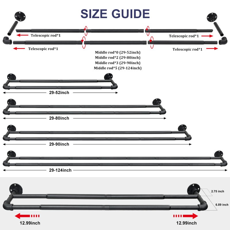 Keplrend 1 Inch Heavy Duty Double Curtain Rods for Windows 66 to 120 Inches, Industrial Adjustable Drapery Rod for Blackout & Sheer Curtains, Wrap Around Design, Black - Image 4