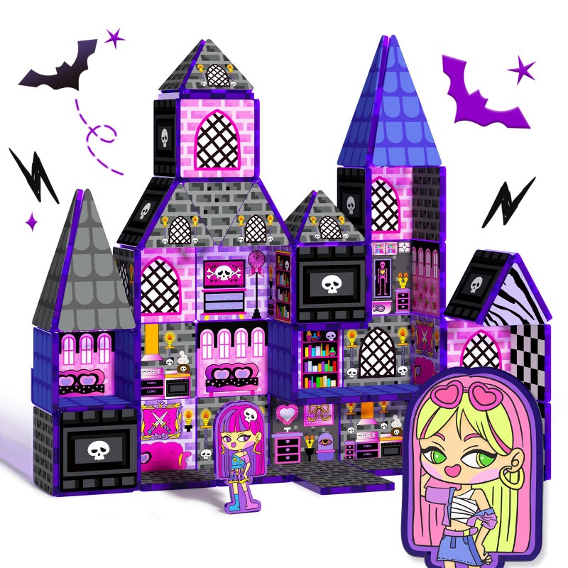GobiDex Magnetic Tiles Doll House Building Toys Monster Magnetic Blocks for Kids Ages 38STEM Magnet Toys Birthday for 3 Year GirlsHaunted Castle Playset - Image 2