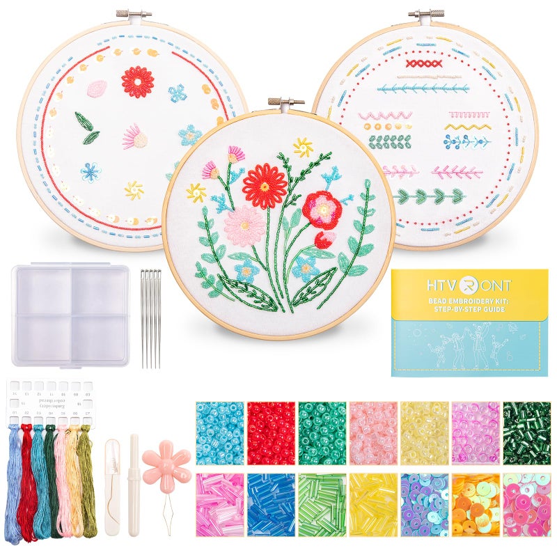 HTVRONT Bead Embroidery Kit for Beginners 3 Sets Bling Bling Bead Embroidery Kit with Step By Step Stitch Video & Instructions, Three-Dimensional Starter Embroidery Set with 19 Stitches for Gift - Image 1
