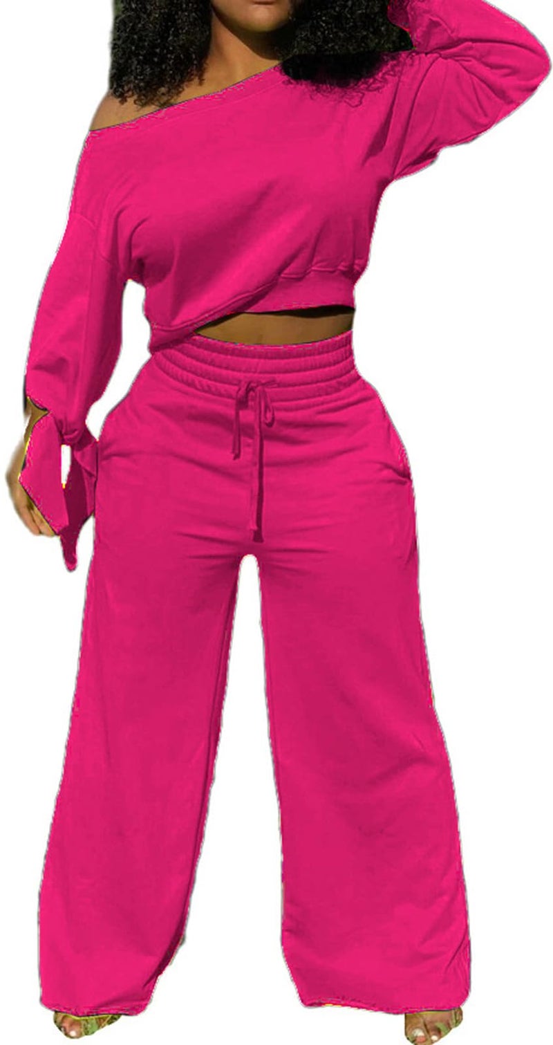 sexycherry Two Piece Sweatsuit for Women Hot Pink Casual Sweatsuits Long Sleeve Tracksuits Loose Wide Leg Pants Pant Sets with Pockets Drawstring(3X-Large) - Image 2