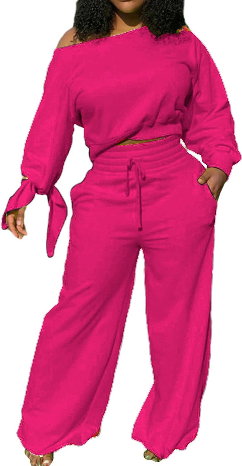 sexycherry Two Piece Sweatsuit for Women Hot Pink Casual Sweatsuits Long Sleeve Tracksuits Loose Wide Leg Pants Pant Sets with Pockets Drawstring(3X-Large) - Image 1