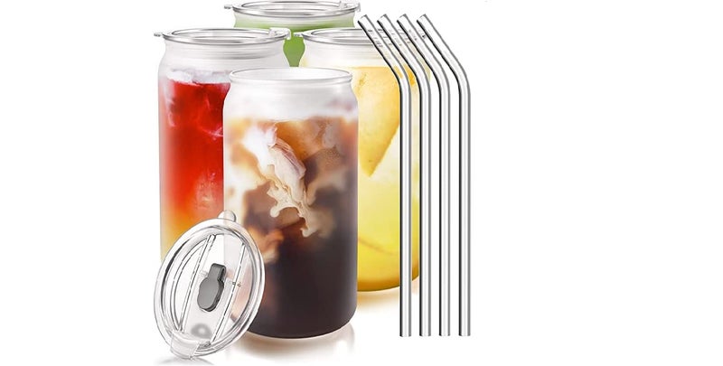 Nestlab Nestlab Can Shaped Glass Mug with Glass Straw Glass Tumbler for Juice Cold Coffee Smoothie Soda Glass Set Water Glass can Glass can Shaped Glass Glass can Glass Straw Can with lid Pack of 2  - Image 1