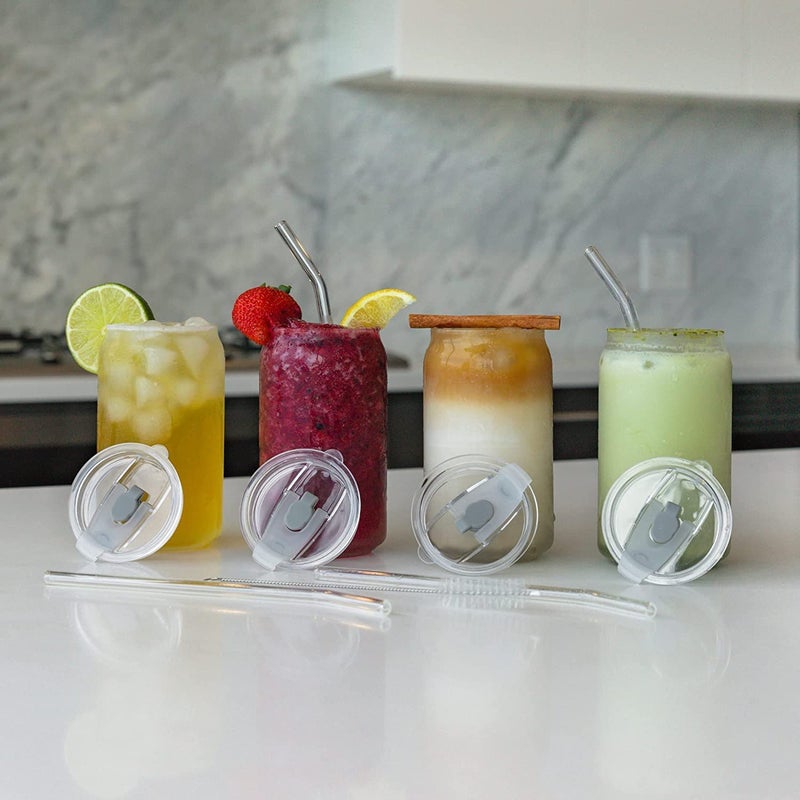 Nestlab Nestlab Can Shaped Glass Mug with Glass Straw Glass Tumbler for Juice Cold Coffee Smoothie Soda Glass Set Water Glass can Glass can Shaped Glass Glass can Glass Straw Can with lid Pack of 2  - Image 2