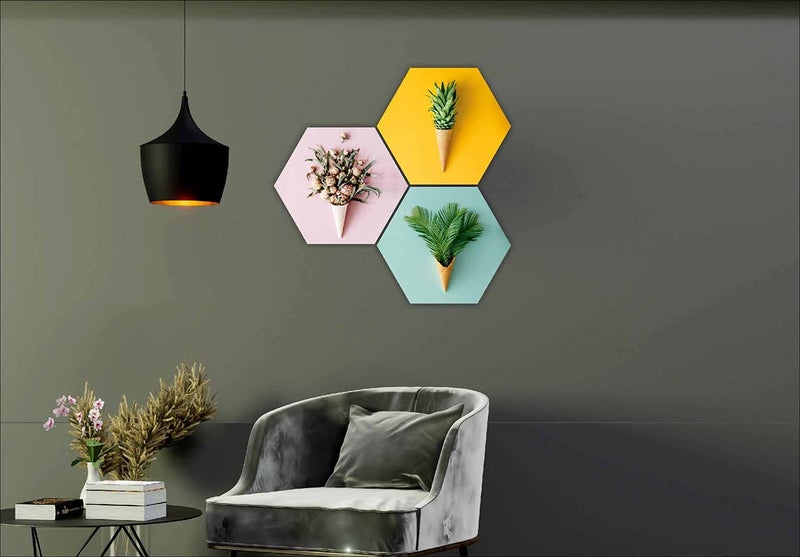 SAF Preety Floral Flower and Leaf in Cone Pot 3 Piece UV Textured Multi-Effect Self adheshive Painting 17 Inch X 17 Inch SANFHX141,Multicolour - Image 2