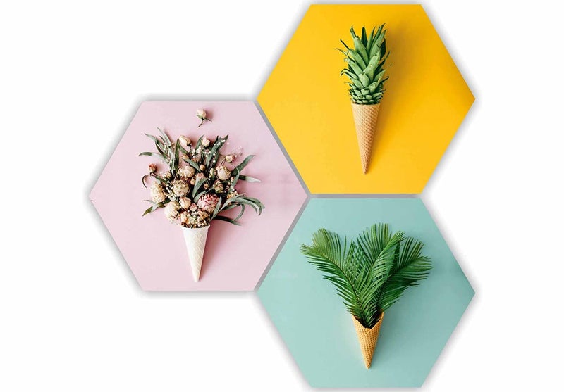 SAF Preety Floral Flower and Leaf in Cone Pot 3 Piece UV Textured Multi-Effect Self adheshive Painting 17 Inch X 17 Inch SANFHX141,Multicolour - Image 1