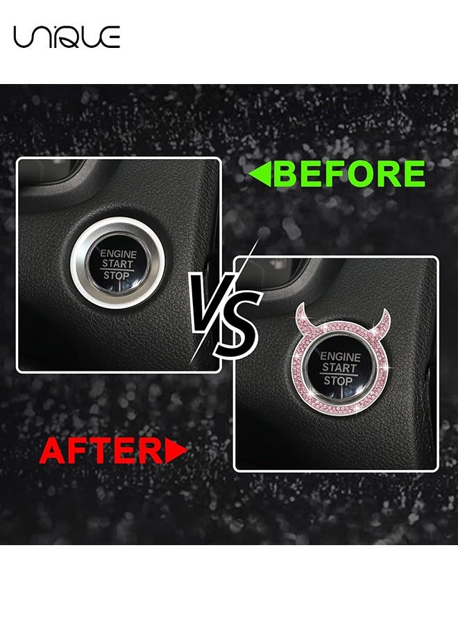 Unique Crystal Car Engine Start Stop Decoration Ring, 2 PCS Little Devil Sparkly Rings for Auto Decor, Rhinestone Push Start Button Stickers Rings, Auto Interior Decorative Accessories (Pink) - Image 3