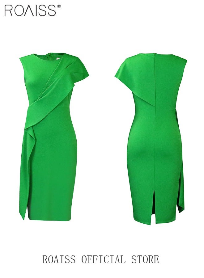 roaiss New Arrival Large Size Hip High-Rise Dress for Women Irregular Design Pure Color Dress OL Style Party Dress Ladies Round Neck Short Sleeve Summer Clothing for Ladies Elegant Temperament Casual Outfit - Image 4
