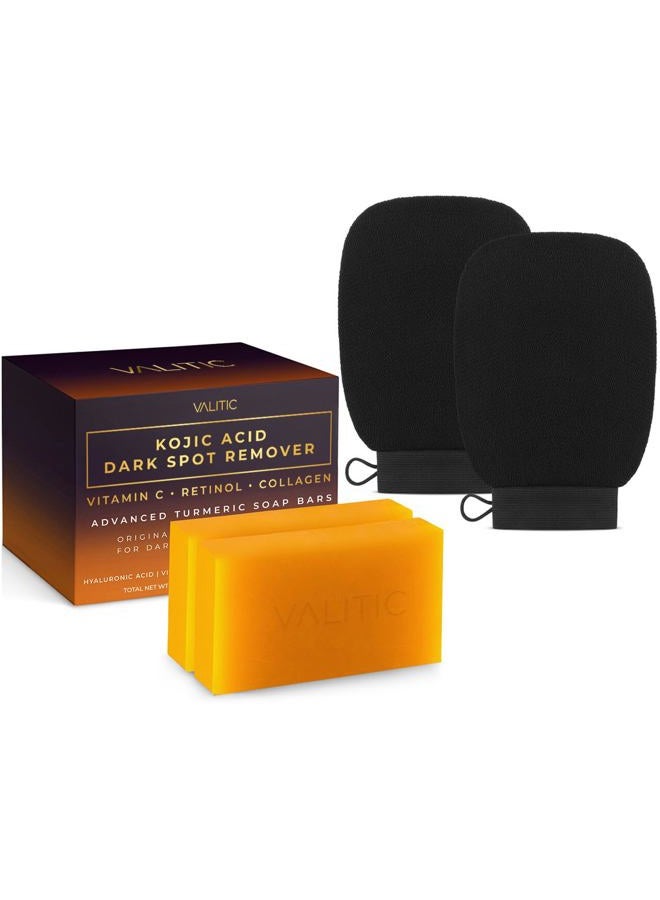 VALITIC 2 Pack Kojic Acid Dark Spot Corrector Soap Bars with Vitamin C, Retinol, Collagen, Turmeric - Original Japanese Complex - Hyaluronic Acid Bundle with 2 Black Exfoliating Gloves for Body Scrub - Image 1