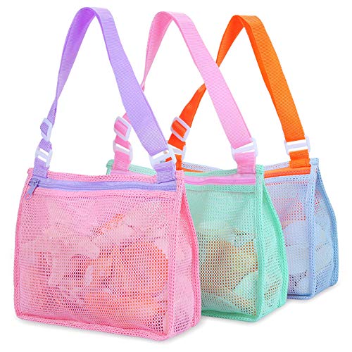 Tagitary Beach Toy Mesh Beach Bag Kids Shell Collecting Bag Beach Sand Toy Seashell Bags Swimming Accessories for Boys and GirlsOnly BagsA Set of 3 - Image 1