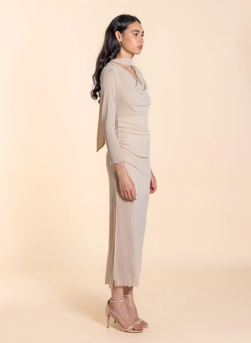 Shapes beige DETAILED MESH MAXI DRESS for Women | Best Price UAE