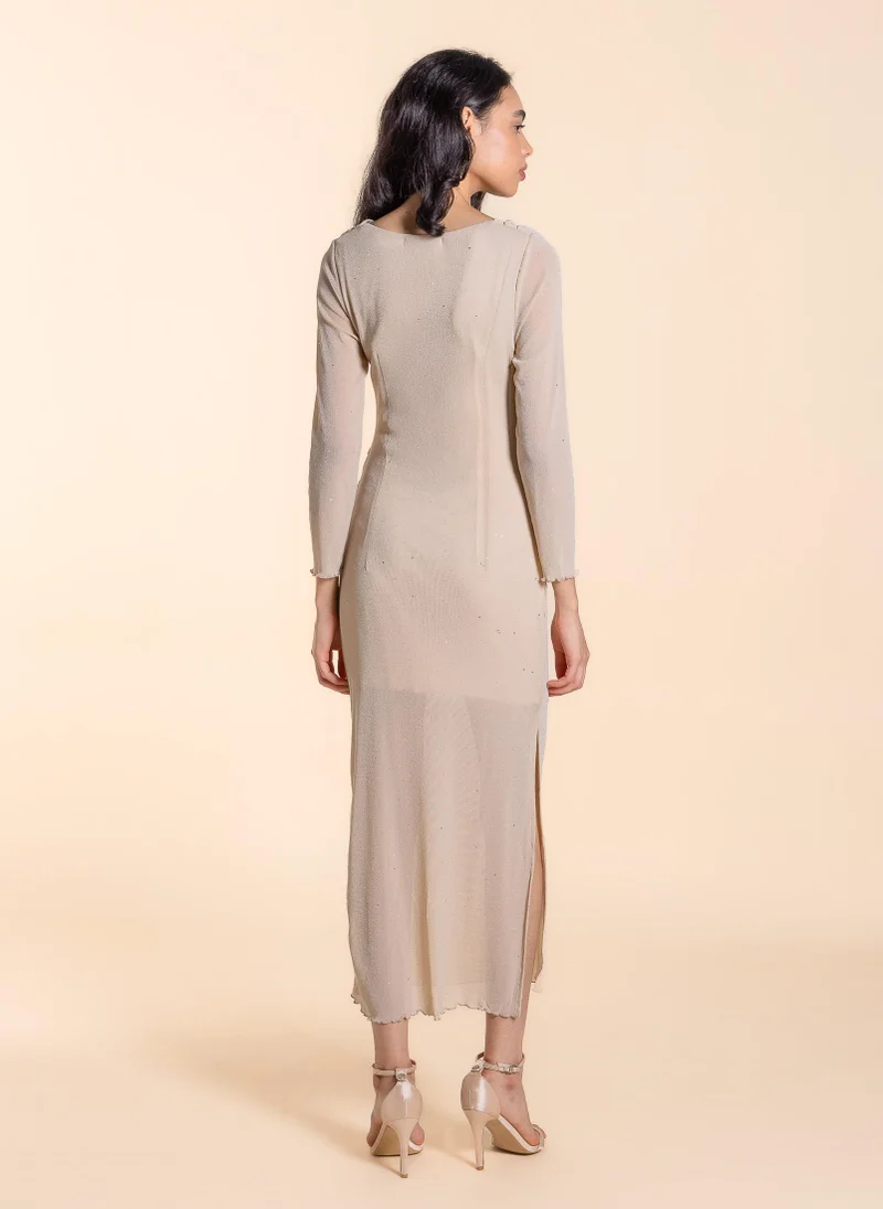 Shapes beige DETAILED MESH MAXI DRESS for Women | Best Price UAE