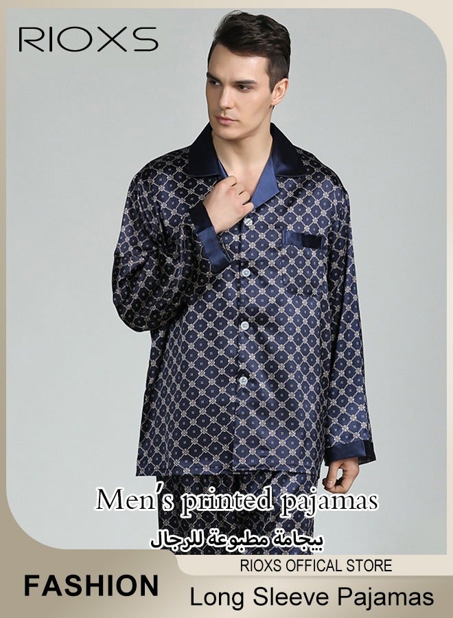 RIOXS Men's 2 Pcs Satin Pajamas Set Silk Long Sleeve Top And Pants Button Up Sleepwear Classic Loungewear Nightwear Pajamas Set  - Image 2