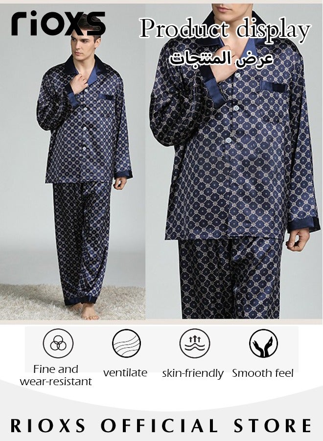 RIOXS Men's 2 Pcs Satin Pajamas Set Silk Long Sleeve Top And Pants Button Up Sleepwear Classic Loungewear Nightwear Pajamas Set  - Image 5