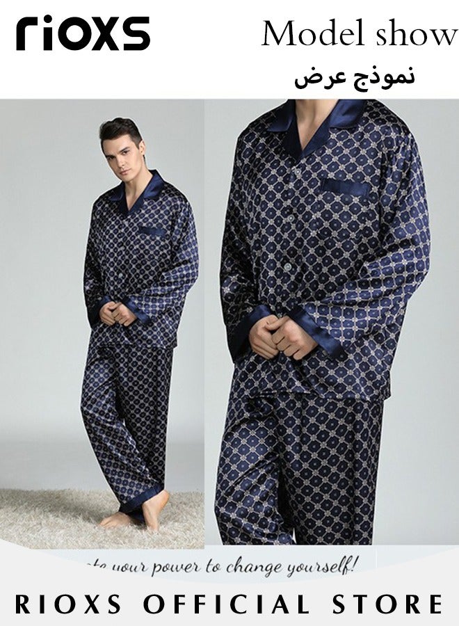 RIOXS Men's 2 Pcs Satin Pajamas Set Silk Long Sleeve Top And Pants Button Up Sleepwear Classic Loungewear Nightwear Pajamas Set  - Image 4