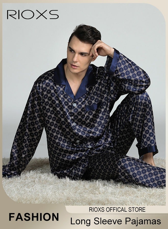RIOXS Men's 2 Pcs Satin Pajamas Set Silk Long Sleeve Top And Pants Button Up Sleepwear Classic Loungewear Nightwear Pajamas Set  - Image 1