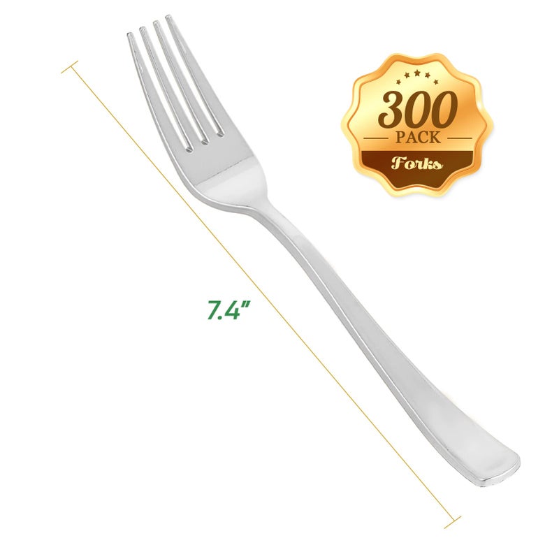 FOCUSLINE 300 Pack Disposable Silver Plastic Forks  Solid and Durable Plastic Cutlery Forks  Heavy Duty Disposable Utensil Silverware for Catering  Parties  Dinners  Weddings - Image 2