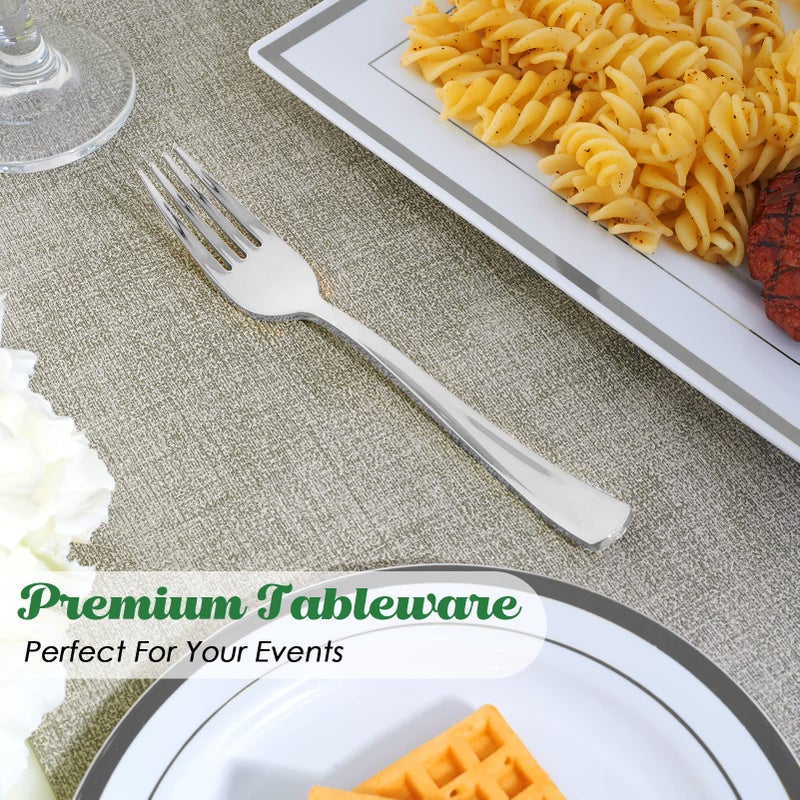 FOCUSLINE 300 Pack Disposable Silver Plastic Forks  Solid and Durable Plastic Cutlery Forks  Heavy Duty Disposable Utensil Silverware for Catering  Parties  Dinners  Weddings - Image 4
