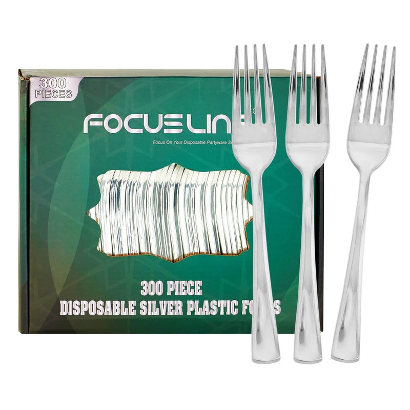 FOCUSLINE 300 Pack Disposable Silver Plastic Forks  Solid and Durable Plastic Cutlery Forks  Heavy Duty Disposable Utensil Silverware for Catering  Parties  Dinners  Weddings - Image 1