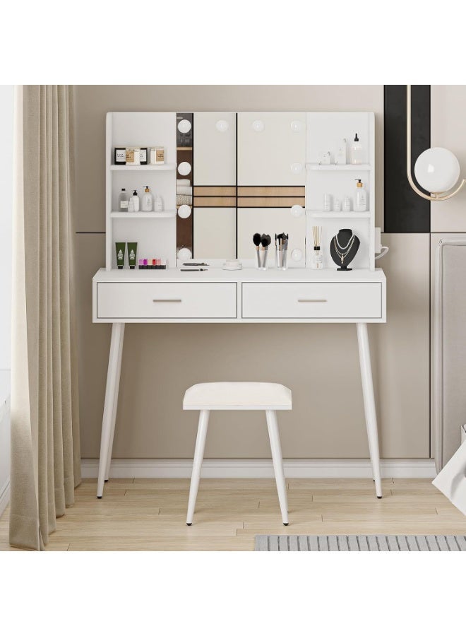 CityRiya-Long Bedroom Dresser, Makeup Vanity Table with LED Mirror and Stool, 100CM Vanity Desk, Dressing Table with Chair, Makeup Tables with Storage Shelf, White Bedroom Makeup Dresser Desk for Women Girls, SZZ014 - Image 4