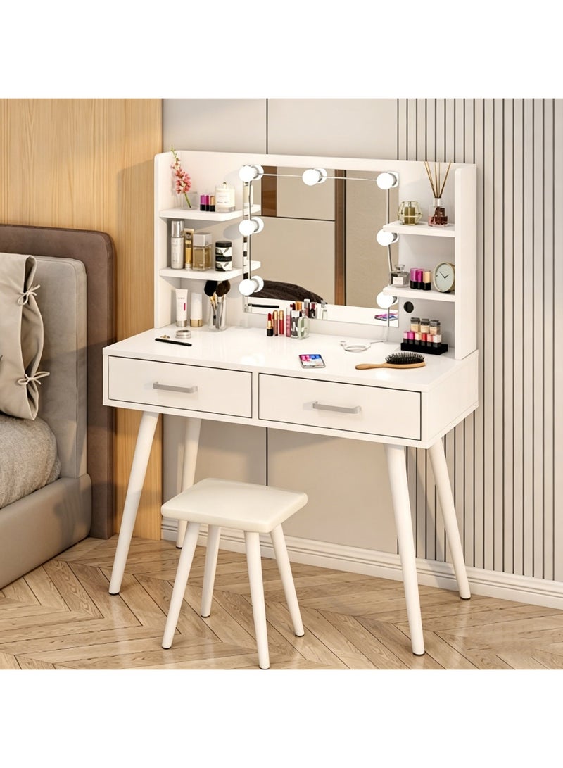 CityRiya-Long Bedroom Dresser, Makeup Vanity Table with LED Mirror and Stool, 100CM Vanity Desk, Dressing Table with Chair, Makeup Tables with Storage Shelf, White Bedroom Makeup Dresser Desk for Women Girls, SZZ014 - Image 3
