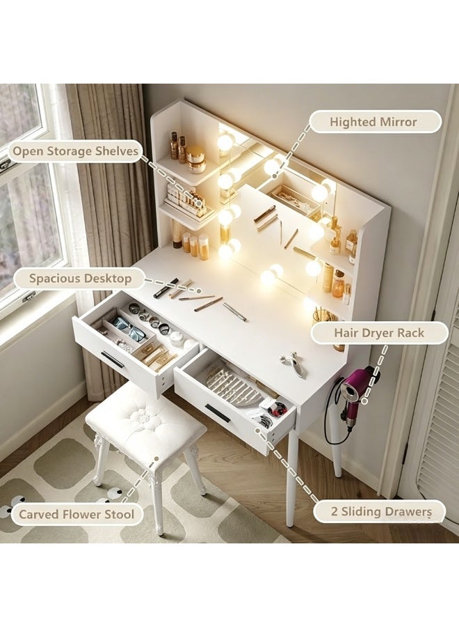 CityRiya-Long Bedroom Dresser, Makeup Vanity Table with LED Mirror and Stool, 100CM Vanity Desk, Dressing Table with Chair, Makeup Tables with Storage Shelf, White Bedroom Makeup Dresser Desk for Women Girls, SZZ014 - Image 5