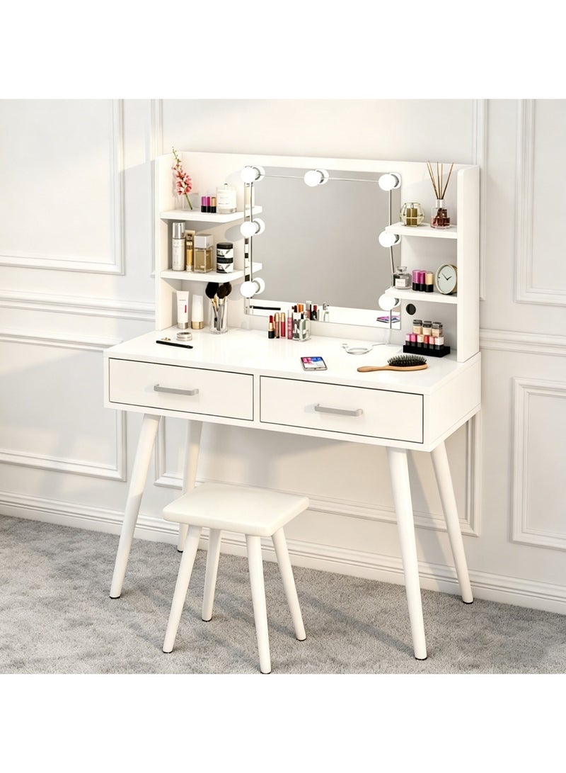 CityRiya-Long Bedroom Dresser, Makeup Vanity Table with LED Mirror and Stool, 100CM Vanity Desk, Dressing Table with Chair, Makeup Tables with Storage Shelf, White Bedroom Makeup Dresser Desk for Women Girls, SZZ014 - Image 2