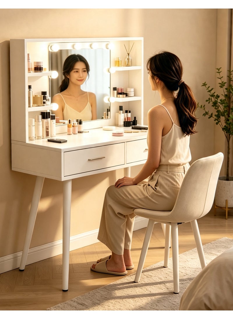CityRiya-Long Bedroom Dresser, Makeup Vanity Table with LED Mirror and Stool, 100CM Vanity Desk, Dressing Table with Chair, Makeup Tables with Storage Shelf, White Bedroom Makeup Dresser Desk for Women Girls, SZZ014 - Image 1