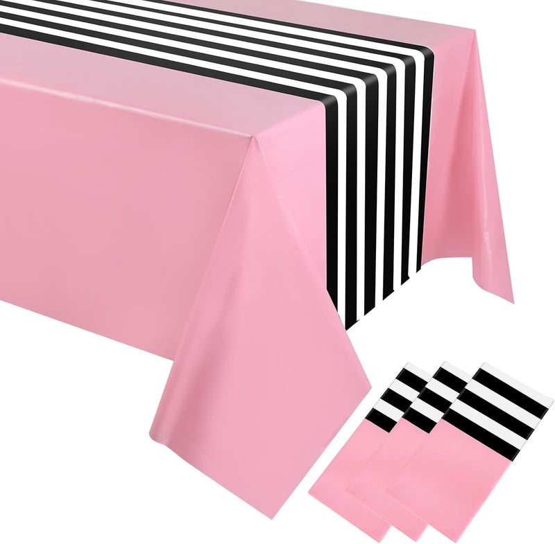 Oudain 3 Pcs Striped Tablecloth 108 x 54 Inch Rectangle Table Cover Disposable Plastic Table Cloth Waterproof Rectangle Tablecloth Plastic Table Cover for Birthday Wedding Brida (Black White Pink) - Image 1